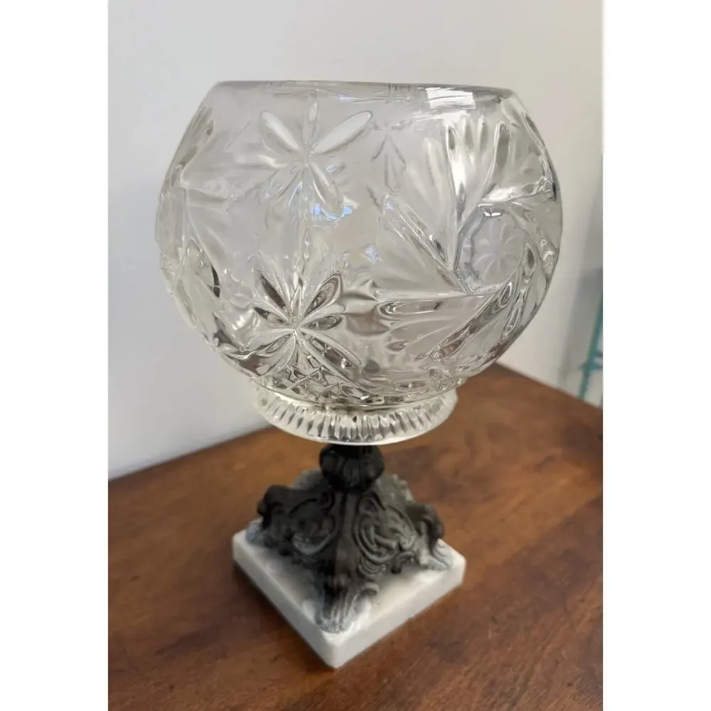 Vintage Hollywood Regency Glass Rose Bowl Compote Marble Pedestal 11